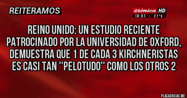 Placas Rojas - Reino Unido: Un estudio reciente patrocinado por la Universidad de Oxford, demuestra que 1 de cada 3 Kirchneristas es casi tan ''Pelotudo'' como los otros 2
