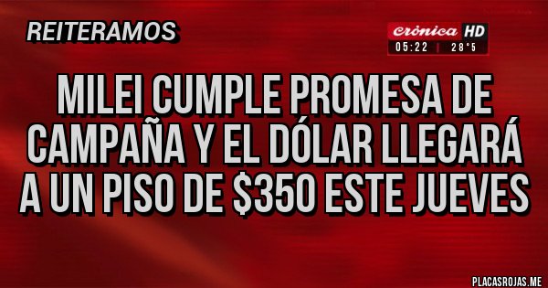 Placas Rojas - Milei cumple promesa de campaña y el dólar llegará a un piso de $350 este jueves