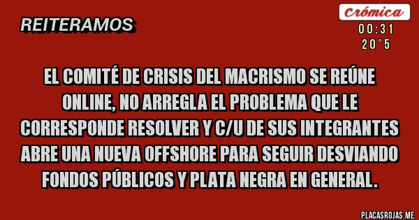 Placas Rojas - EL COMITÉ DE CRISIS DEL MACRISMO SE REÚNE ONLINE, NO ARREGLA EL PROBLEMA QUE LE CORRESPONDE RESOLVER Y C/U DE SUS INTEGRANTES ABRE UNA NUEVA OFFSHORE PARA SEGUIR DESVIANDO FONDOS PÚBLICOS Y PLATA NEGRA EN GENERAL.