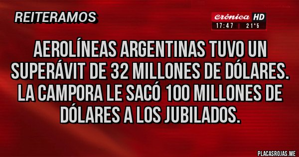 Placas Rojas - Aerolíneas argentinas tuvo un superávit de 32 millones de dólares. La campora le sacó 100 millones de dólares a los jubilados.