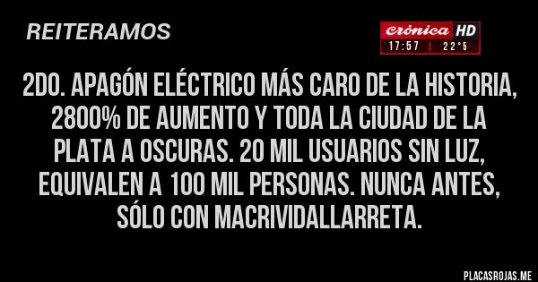 Placas Rojas - 2do. apagón eléctrico más caro de la historia, 2800% de aumento y toda la Ciudad de La Plata a oscuras. 20 mil usuarios sin luz, equivalen a 100 mil personas. Nunca antes, sólo con MacriVidalLarreta.