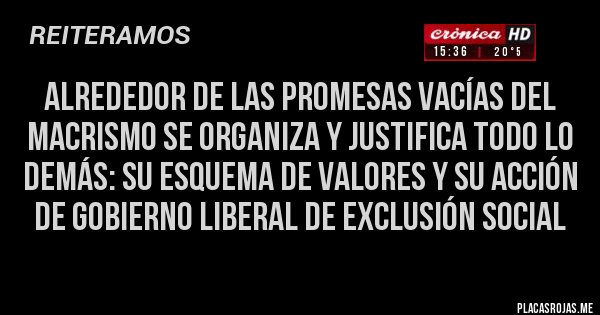 Placas Rojas - Alrededor de las promesas vacías del macrismo se organiza y justifica todo lo demás: su esquema de valores y su acción de gobierno liberal de exclusión social 