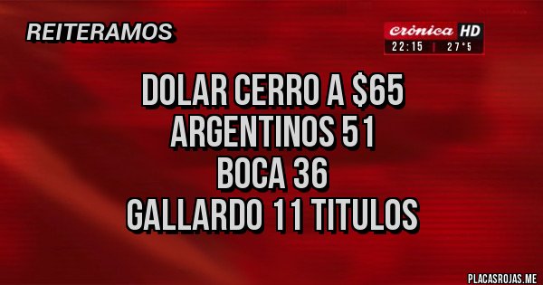 Placas Rojas - Dolar cerro a $65
Argentinos 51
Boca 36
Gallardo 11 titulos