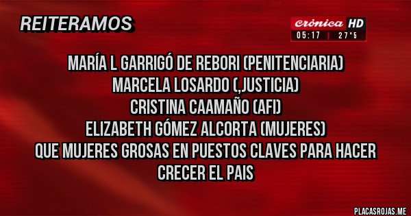 Placas Rojas - María L Garrigó de Rebori (penitenciaria)
Marcela Losardo (,justicia)
Cristina Caamaño (AFI)
Elizabeth Gómez Alcorta (mujeres)
Que mujeres grosas en puestos claves para hacer crecer el pais Placas Rojas - María L Garrigó de Rebori (penitenciaria)
Marcela Losardo (,justicia)
Cristina Caamaño (AFI)
Elizabeth Gómez Alcorta (mujeres)
Que mujeres grosas en puestos claves para hacer crecer el pais