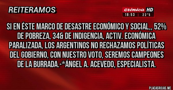 Placas Rojas - Si en éste marco de desastre Económico y Social,, 52% de Pobreza, 34& de Indigencia, Activ. Económica paralizada, los Argentinos NO RECHAZAMOS POLÍTICAS DEL GOBIERNO, CON NUESTRO VOTO, SEREMOS CAMPEONES DE LA BURRADA.-*Ángel A. Acevedo, Especialista.
