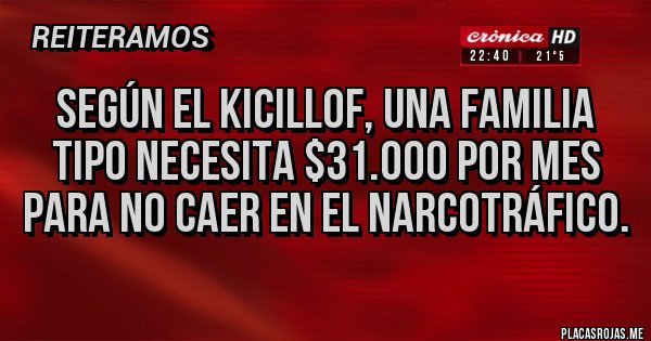 Placas Rojas - Según el kicillof, una familia tipo necesita $31.000 por mes para no caer en el narcotráfico.