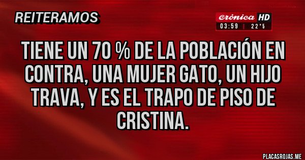 Placas Rojas - Tiene un 70 % de la población en contra, una mujer gato, un hijo trava, y es el trapo de piso de Cristina. Placas Rojas - Tiene un 70 % de la población en contra, una mujer gato, un hijo trava, y es el trapo de piso de Cristina.