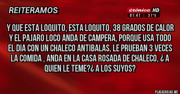 Placas Rojas - Y QUE ESTA LOQUITO, ESTA LOQUITO, 38 GRADOS DE CALOR Y EL PAJARO LOCO ANDA DE CAMPERA, PORQUE USA TODO EL DIA CON UN CHALECO ANTIBALAS, LE PRUEBAN 3 VECES LA COMIDA , ANDA EN LA CASA ROSADA DE CHALECO, ¿ A QUIEN LE TEME?¿ A LOS SUYOS?