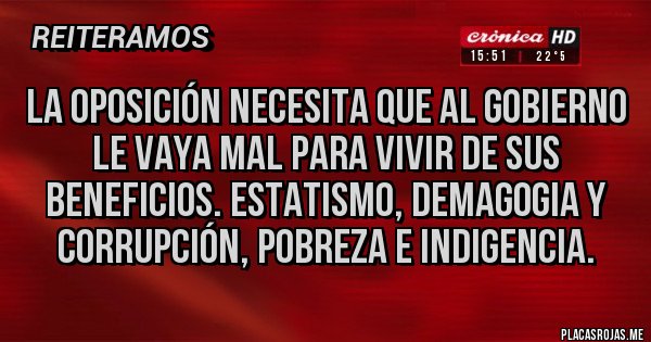 Placas Rojas - La oposición necesita que al gobierno le vaya mal para vivir de sus beneficios. Estatismo, demagogia y corrupción, pobreza e indigencia.