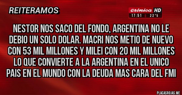 Placas Rojas - NESTOR NOS SACO DEL FONDO, ARGENTINA NO LE DEBIO UN SOLO DOLAR. MACRI NOS METIO DE NUEVO CON 53 MIL MILLONES Y MILEI CON 20 MIL MILLONES LO QUE CONVIERTE A LA ARGENTINA EN EL UNICO PAIS EN EL MUNDO CON LA DEUDA MAS CARA DEL FMI