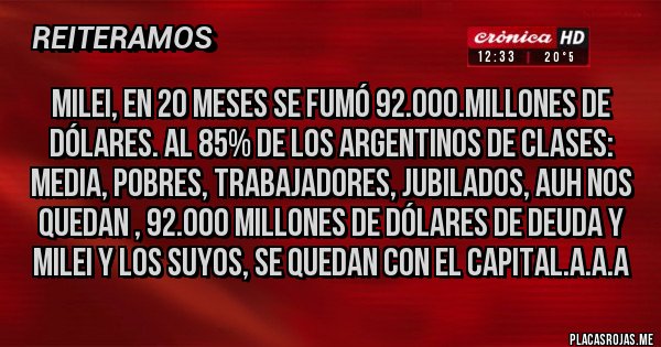 Placas Rojas - MILEI, EN 20 MESES SE FUMÓ 92.000.MILLONES DE DÓLARES. AL 85% DE LOS ARGENTINOS DE CLASES: MEDIA, POBRES, TRABAJADORES, JUBILADOS, AUH NOS QUEDAN , 92.000 MILLONES DE DÓLARES DE DEUDA Y MILEI Y LOS SUYOS, SE QUEDAN CON EL CAPITAL.A.A.A