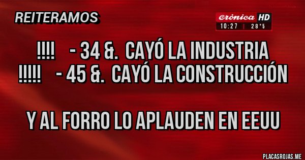 Placas Rojas - !!!!    - 34 &.  Cayó la industria 
!!!!!    - 45 &.  Cayó la construcción 

Y al forro lo aplauden en EEUU