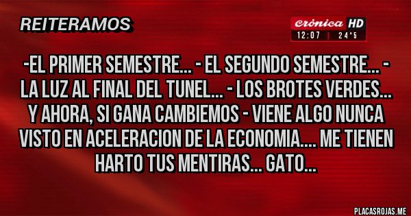 Placas Rojas - -el primer semestre... - el segundo semestre... - la luz al final del tunel... - los brotes verdes... y ahora, si gana cambiemos - viene algo nunca visto en aceleracion de la economia.... me tienen harto tus mentiras... gato...