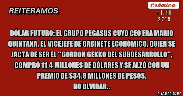 Placas Rojas - DÓLAR FUTURO: EL GRUPO PEGASUS CUYO CEO ERA MARIO QUINTANA, EL VICEJEFE DE GABINETE ECONÓMICO, QUIEN SE JACTA DE SER EL ''GORDON GEKKO DEL SUBDESARROLLO'', COMPRÓ 11,4 MILLONES DE DÓLARES Y SE ALZÓ CON UN PREMIO DE $34,8 MILLONES DE PESOS.
NO OLVIDAR..