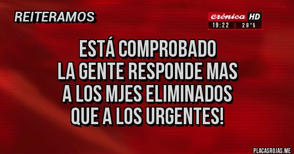 Placas Rojas - ESTÁ COMPROBADO
LA GENTE RESPONDE MAS
A LOS MJES ELIMINADOS
QUE A LOS URGENTES!