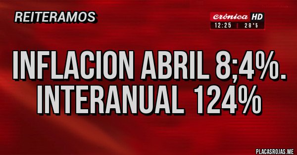 Placas Rojas - INFLACION ABRIL 8;4%. INTERANUAL 124% Placas Rojas - INFLACION ABRIL 8;4%. INTERANUAL 124%
