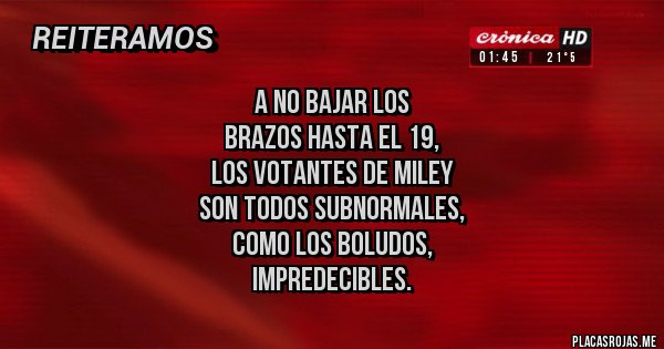 Placas Rojas - A NO BAJAR LOS 
BRAZOS HASTA EL 19,
LOS VOTANTES DE MILEY 
SON TODOS SUBNORMALES, 
COMO LOS BOLUDOS, 
IMPREDECIBLES.