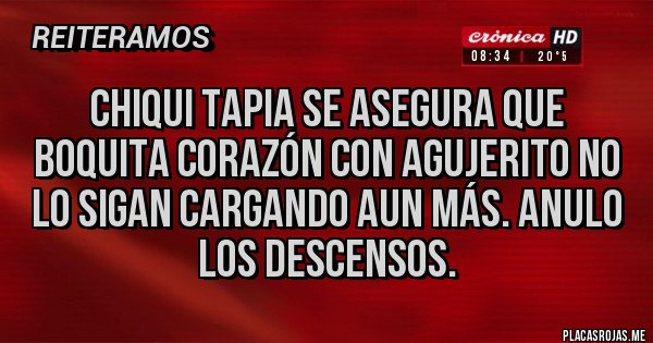 Placas Rojas - Chiqui tapia se asegura que Boquita corazón con agujerito no lo sigan cargando aun más. Anulo los descensos. 