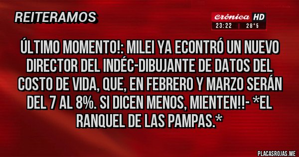 Placas Rojas - último momento!: MILEI YA ECONTRÓ UN NUEVO DIRECTOR DEL INDÉC-DIBUJANTE DE DATOS DEL COSTO DE VIDA, QUE, EN FEBRERO Y MARZO SERÁN DEL 7 AL 8%. SI DICEN MENOS, MIENTEN!!- *El Ranquel de las Pampas.*