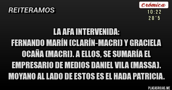 Placas Rojas - La AFA intervenida:
Fernando Marín (Clarín-Macri) y Graciela Ocaña (Macri). A ellos, se sumaría el empresario de medios Daniel Vila (Massa).
Moyano al lado de estos es el hada Patricia.