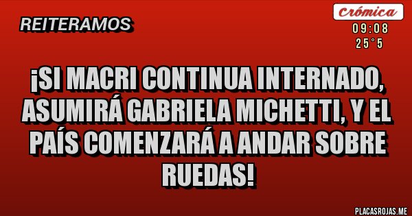 Placas Rojas - ¡SI MACRI CONTINUA INTERNADO, ASUMIRÁ GABRIELA MICHETTI, Y EL PAÍS COMENZARÁ A ANDAR SOBRE RUEDAS!