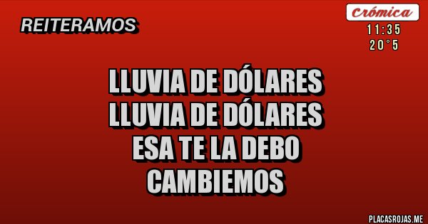 Placas Rojas - Lluvia de Dólares
Lluvia de Dólares
Esa te la debo
CAMBIEMOS