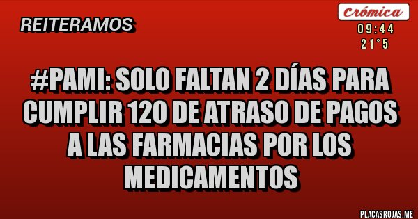 Placas Rojas - #PAMI: solo faltan 2 días para cumplir 120 de atraso de pagos a las farmacias por los medicamentos