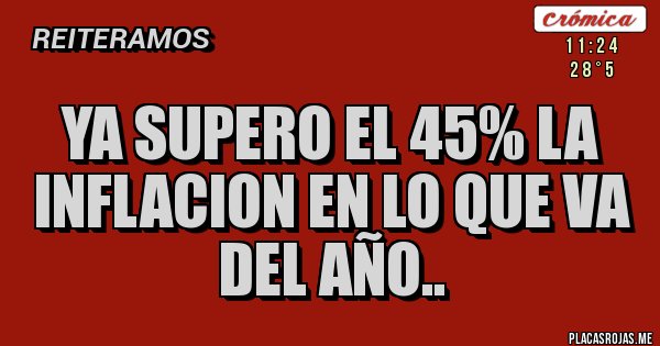 Placas Rojas - YA SUPERO EL 45% LA INFLACION EN LO QUE VA DEL AÑO..