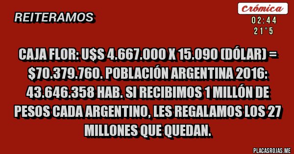 Placas Rojas - Caja Flor: u$s 4.667.000 x 15.090 (dólar) = $70.379.760. Población argentina 2016: 43.646.358 hab. Si recibimos 1 millón de pesos cada argentino, les regalamos los 27 millones que quedan.
