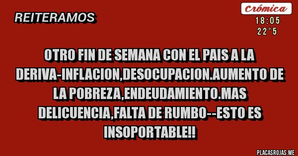 Placas Rojas - OTRO FIN DE SEMANA CON EL PAIS A LA DERIVA-INFLACION,DESOCUPACION.AUMENTO DE LA POBREZA,ENDEUDAMIENTO.MAS DELICUENCIA,FALTA DE RUMBO--ESTO ES INSOPORTABLE!!