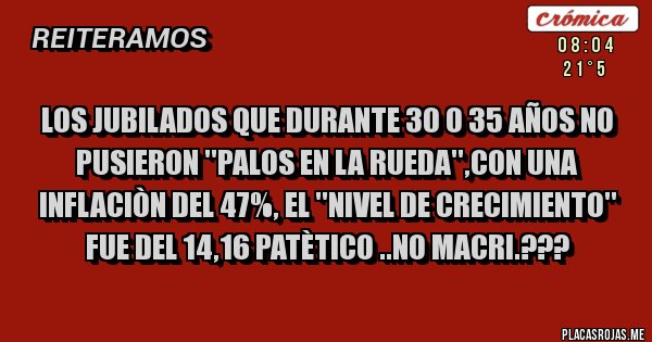 Placas Rojas - LOS JUBILADOS QUE DURANTE 30 O 35 AÑOS NO PUSIERON ''PALOS EN LA RUEDA'',CON UNA INFLACIÒN DEL 47%, EL ''NIVEL DE CRECIMIENTO'' FUE DEL 14,16 PATÈTICO ..NO MACRI.???