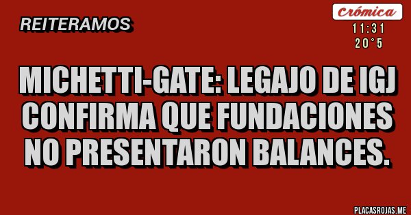 Placas Rojas - Michetti-Gate: legajo de IGJ confirma que fundaciones no presentaron balances. Placas Rojas - Michetti-Gate: legajo de IGJ confirma que fundaciones no presentaron balances.