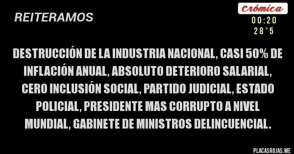 Placas Rojas - Destrucción de la industria nacional, casi 50% de inflación anual, absoluto deterioro salarial, cero inclusión social, partido judicial, estado policial, presidente mas corrupto a nivel mundial, gabinete de ministros delincuencial.