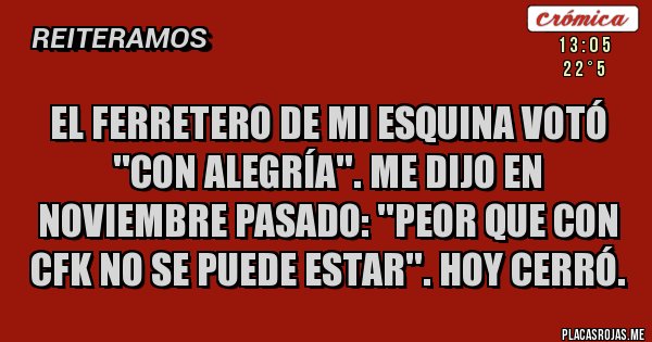 Placas Rojas - El ferretero de mi esquina votó ''con alegría''. Me dijo en noviembre pasado: ''peor que con CFK no se puede estar''. Hoy cerró.