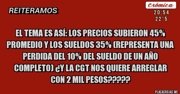 Placas Rojas - El tema es así: los precios subieron 45% promedio y los sueldos 35% (representa una perdida del 10% del sueldo de un año completo) ¿y la CGT nos quiere arreglar con 2 mil pesos?????