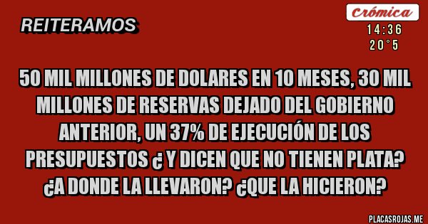 Placas Rojas - 50 mil millones de dolares en 10 meses, 30 mil millones de reservas dejado del gobierno anterior, un 37% de ejecución de los presupuestos ¿ y dicen que no tienen plata? ¿a donde la llevaron? ¿que la hicieron? Placas Rojas - 50 mil millones de dolares en 10 meses, 30 mil millones de reservas dejado del gobierno anterior, un 37% de ejecución de los presupuestos ¿ y dicen que no tienen plata? ¿a donde la llevaron? ¿que la hicieron?
