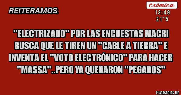 Placas Rojas - ''Electrizado'' por las encuestas Macri busca que le tiren un ''cable a tierra'' e inventa el ''voto electrónico'' para hacer ''massa''..pero ya quedaron ''pegados''