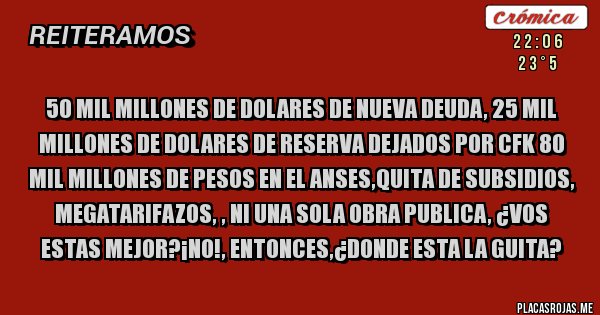 Placas Rojas - 50 mil millones de dolares de nueva deuda, 25 mil millones de dolares de reserva dejados por CFK 80 mil millones de pesos en el ANSES,quita de subsidios, megatarifazos, , ni una sola obra publica, ¿vos estas mejor?¡no!, entonces,¿donde esta la guita?