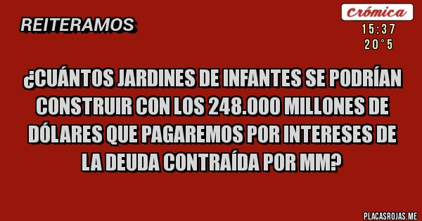 Placas Rojas - ¿Cuántos Jardines de Infantes se podrían construir con los 248.000 millones de dólares que pagaremos por intereses de la deuda contraída por MM? Placas Rojas - ¿Cuántos Jardines de Infantes se podrían construir con los 248.000 millones de dólares que pagaremos por intereses de la deuda contraída por MM?