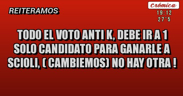 Placas Rojas - TODO EL VOTO ANTI K, DEBE IR A 1 SOLO CANDIDATO PARA GANARLE A SCIOLI, ( CAMBIEMOS) NO HAY OTRA !
                                                   
