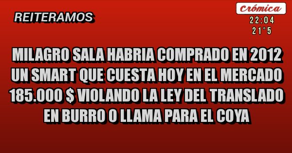 Placas Rojas - MILAGRO SALA HABRIA COMPRADO EN 2012 UN SMART QUE CUESTA HOY EN EL MERCADO 185.000 $ VIOLANDO LA LEY DEL TRANSLADO EN BURRO O LLAMA PARA EL COYA