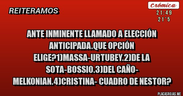 Placas Rojas - Ante inminente llamado a elección anticipada.que opción elige?1)massa-urtubey.2)de la sota-bossio.3)Del caño- melkonian.4)cristina- cuadro de nestor?