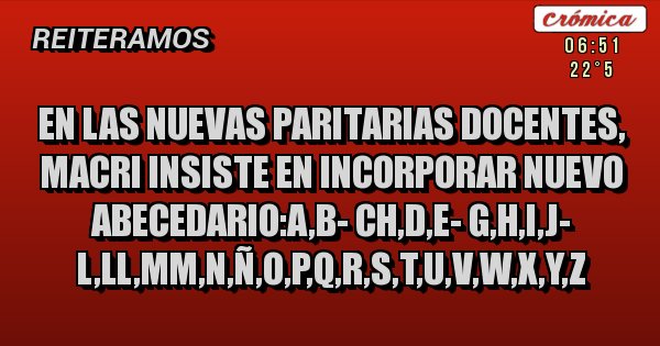 En Las Nuevas Paritarias Docentes Macri Insiste En Incorporar Nuevo Abecedario A B Ch D E G H I J L Ll Mm N N O P Q R S T U V W X Y Z Placas Rojas