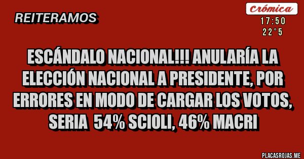 Placas Rojas - ESCÁNDALO NACIONAL!!! Anularía la elección nacional a presidente, por errores en modo de cargar los votos,  seria  54% Scioli, 46% Macri