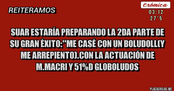 Placas Rojas - Suar estaría preparando la 2da parte de su gran éxito:''me casé con un boludoll(y me arrepiento).con la actuación de m.macri y 51%d globoludos