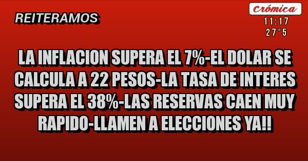 Placas Rojas - LA INFLACION SUPERA EL 7%-EL DOLAR SE CALCULA A 22 PESOS-LA TASA DE INTERES SUPERA EL 38%-LAS RESERVAS CAEN MUY RAPIDO-LLAMEN A ELECCIONES YA!!