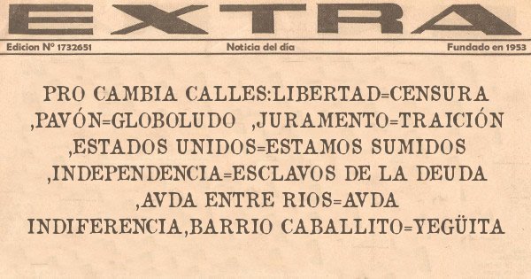 Placas Rojas - Pro cambia calles:libertad=censura ,pavón=globoludo  ,juramento=traición ,estados unidos=estamos sumidos ,independencia=esclavos de la deuda ,avda entre rios=avda indiferencia,barrio caballito=yegüita