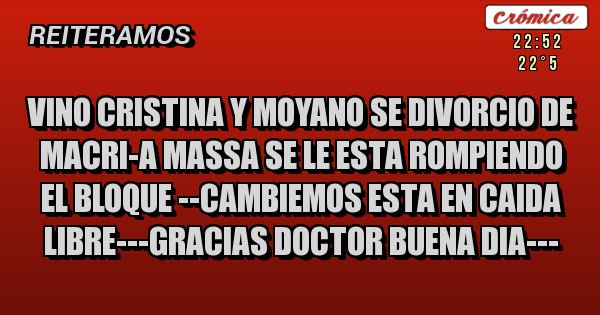 Placas Rojas - VINO CRISTINA Y MOYANO SE DIVORCIO DE MACRI-A MASSA SE LE ESTA ROMPIENDO EL BLOQUE --CAMBIEMOS ESTA EN CAIDA LIBRE---GRACIAS DOCTOR BUENA DIA---