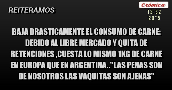 Placas Rojas - Baja drasticamente el consumo de carne: debido al libre mercado y quita de retenciones ,cuesta lo mismo 1kg de carne en europa que en argentina..''las penas son de nosotros las vaquitas son ajenas''