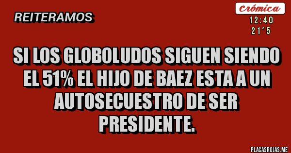 Placas Rojas - Si los globoludos siguen siendo el 51% el hijo de Baez esta a un autosecuestro de ser Presidente.